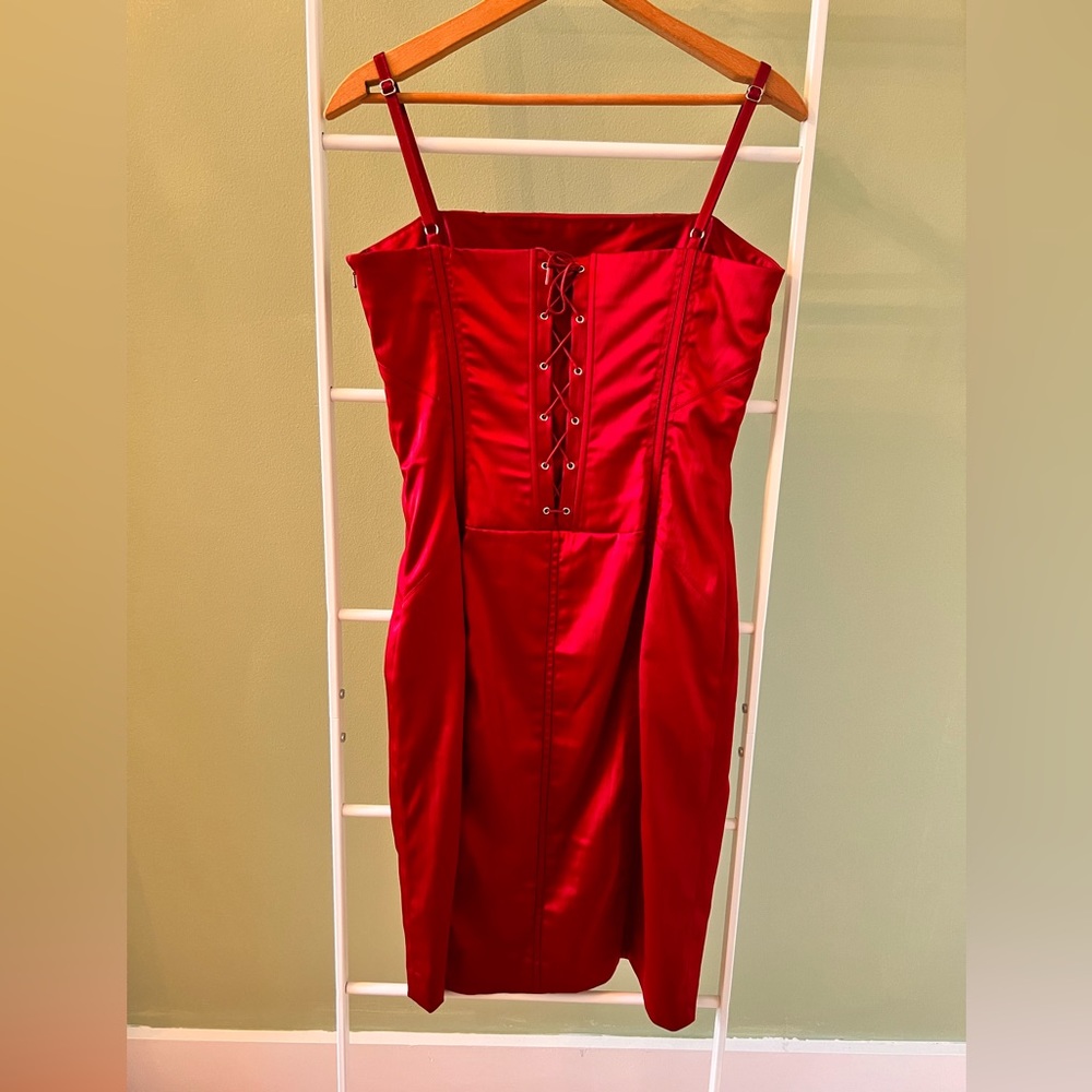 H&M deep red “satin” midi dress with corset-like criss-cross back